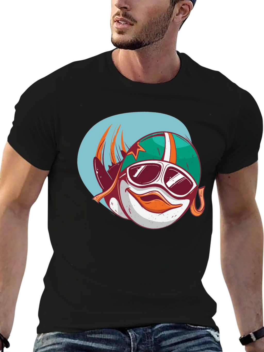 Cool Cartoon Racer Fish Graphic Black T-Shirt