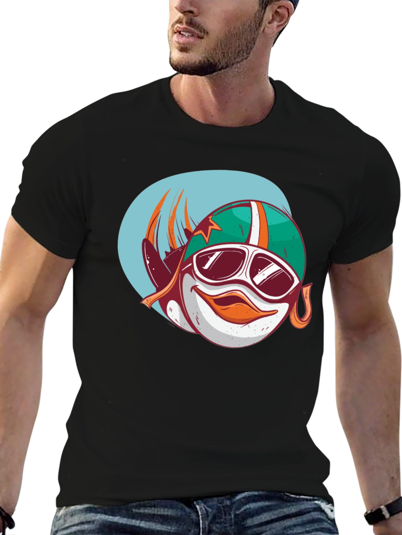 Cool Cartoon Racer Fish Graphic Black T-Shirt