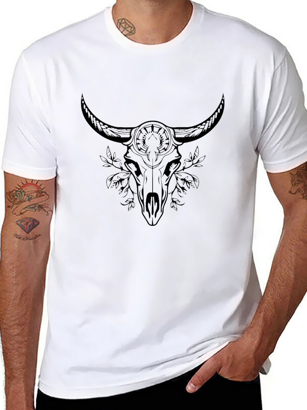 Black Graphic Tee - Bull Skull Design