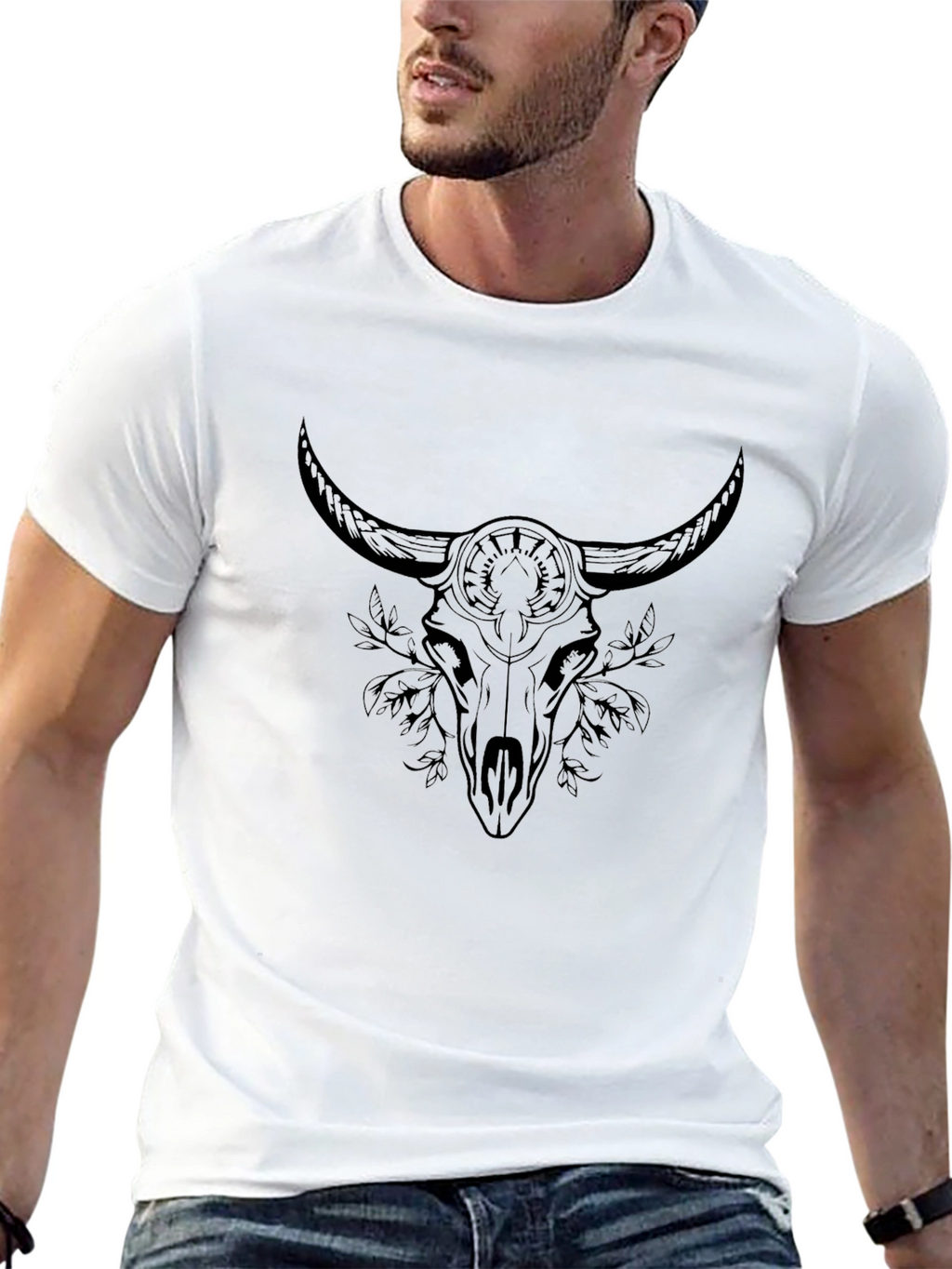 Black Graphic Tee - Bull Skull Design