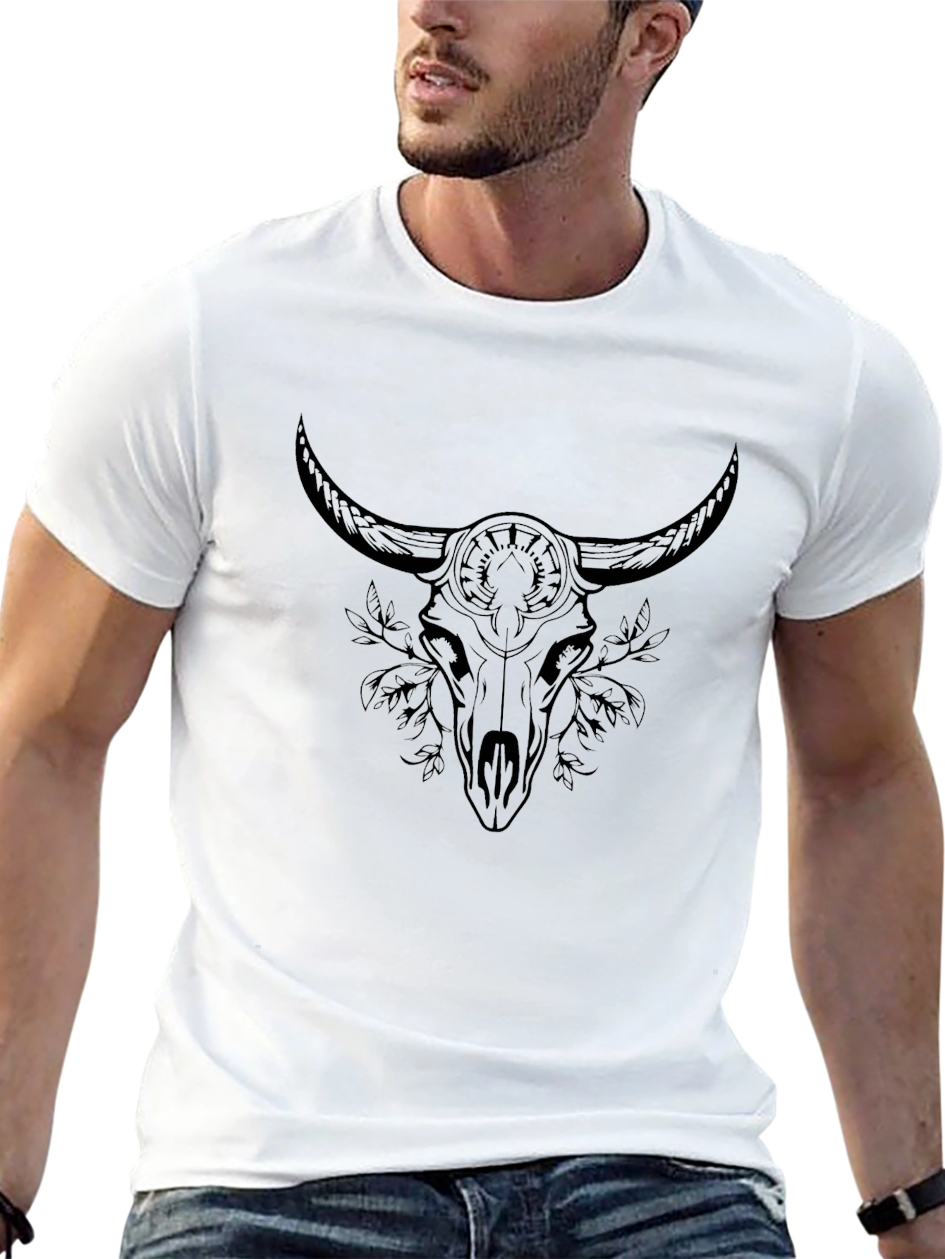 Black Graphic Tee - Bull Skull Design