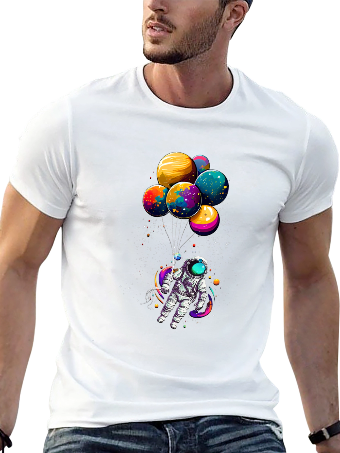 Astronaut with Planet Balloons Graphic Tee - Black