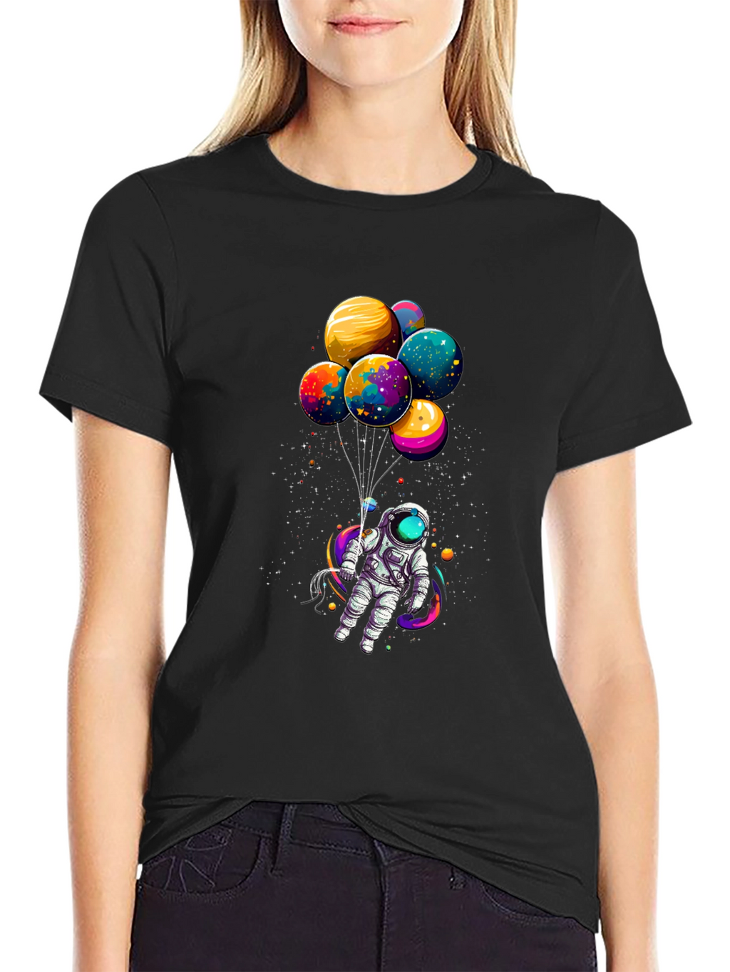 Astronaut with Planet Balloons Graphic Tee - Black