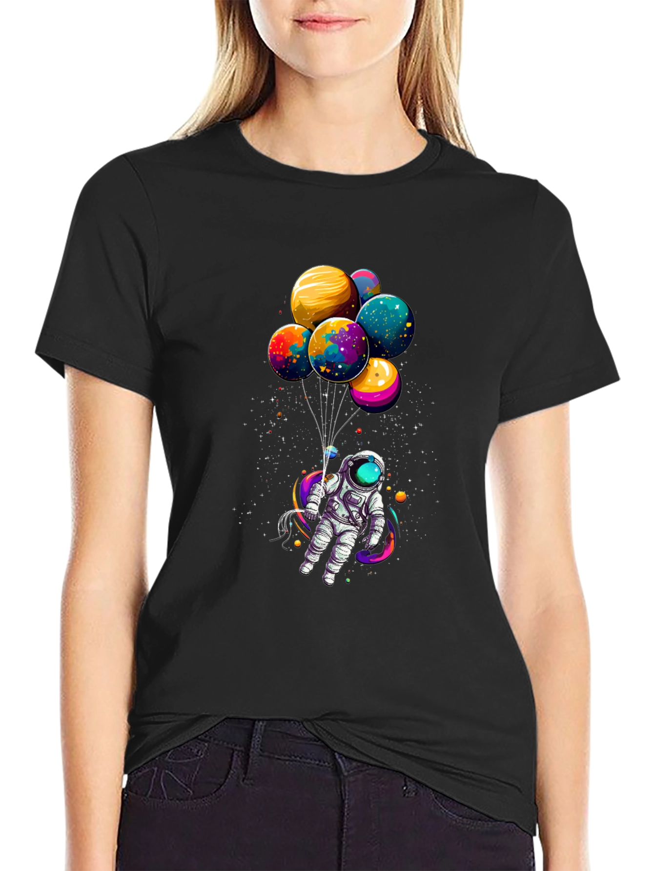 Astronaut with Planet Balloons Graphic Tee - Black