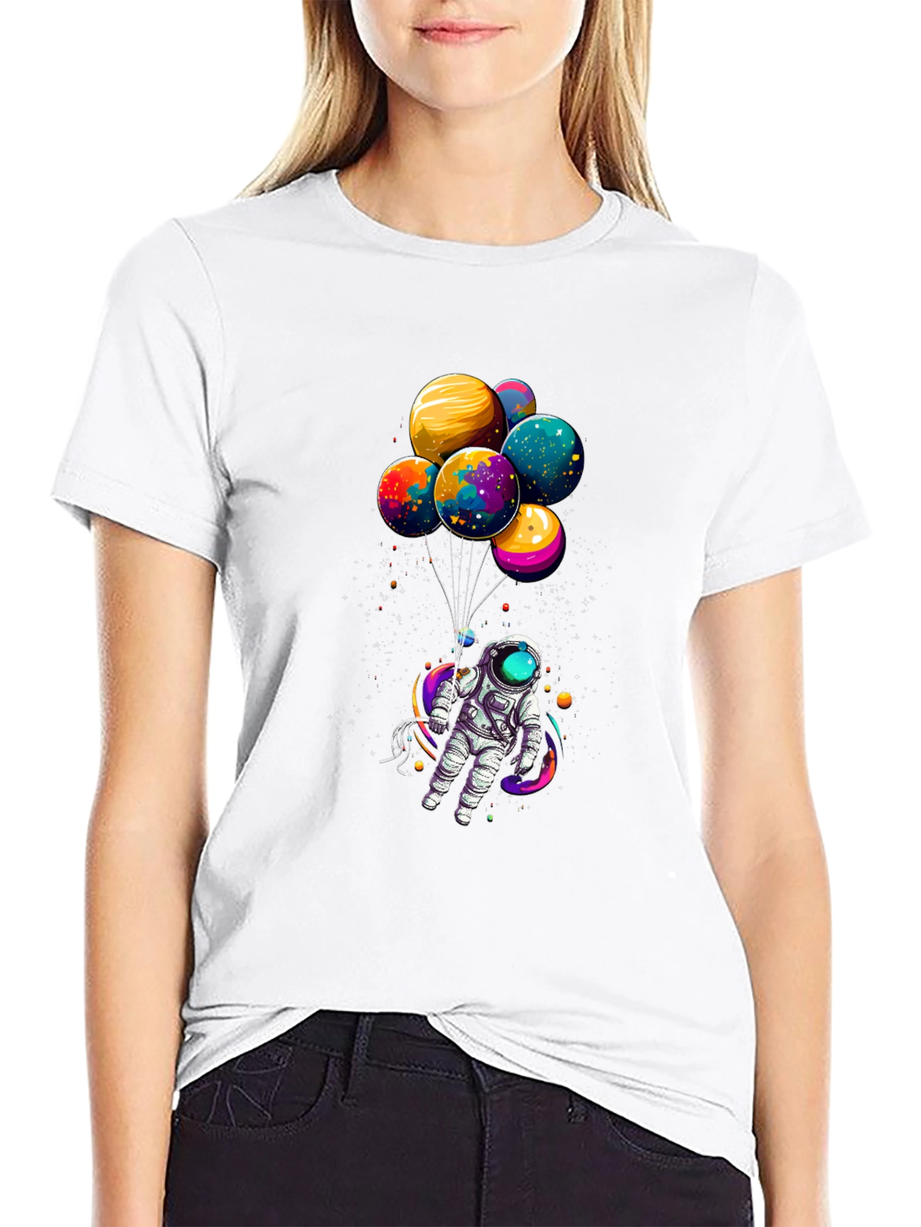 Astronaut with Planet Balloons Graphic Tee - Black