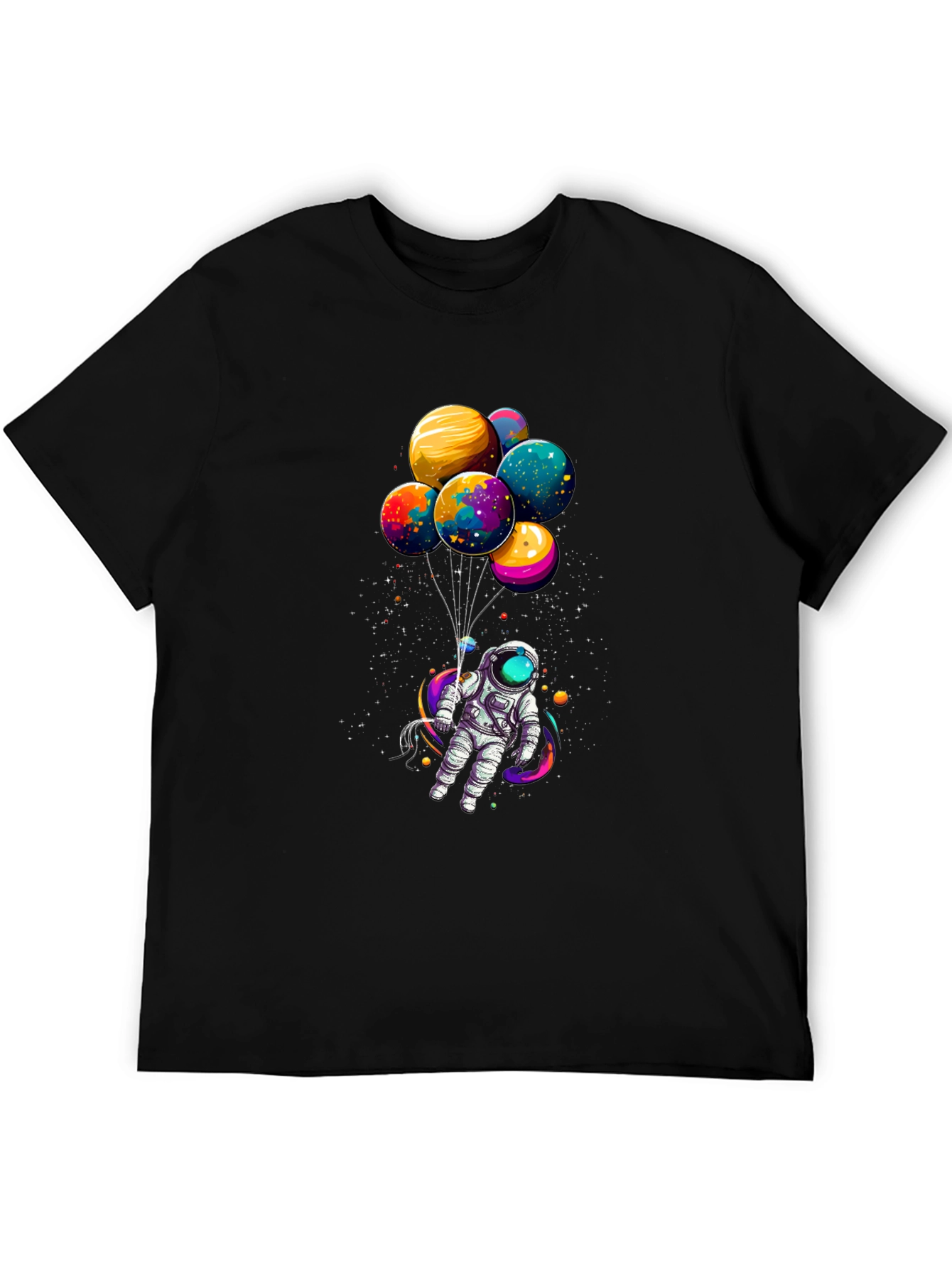 Astronaut with Planet Balloons Graphic Tee - Black