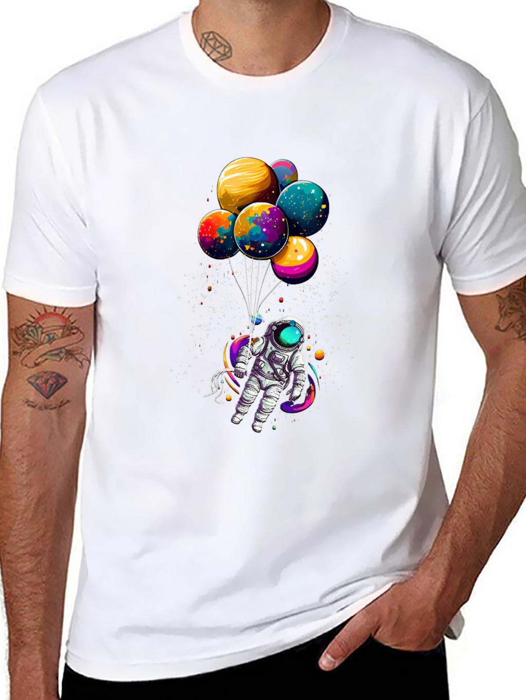Astronaut with Planet Balloons Graphic Tee - Black