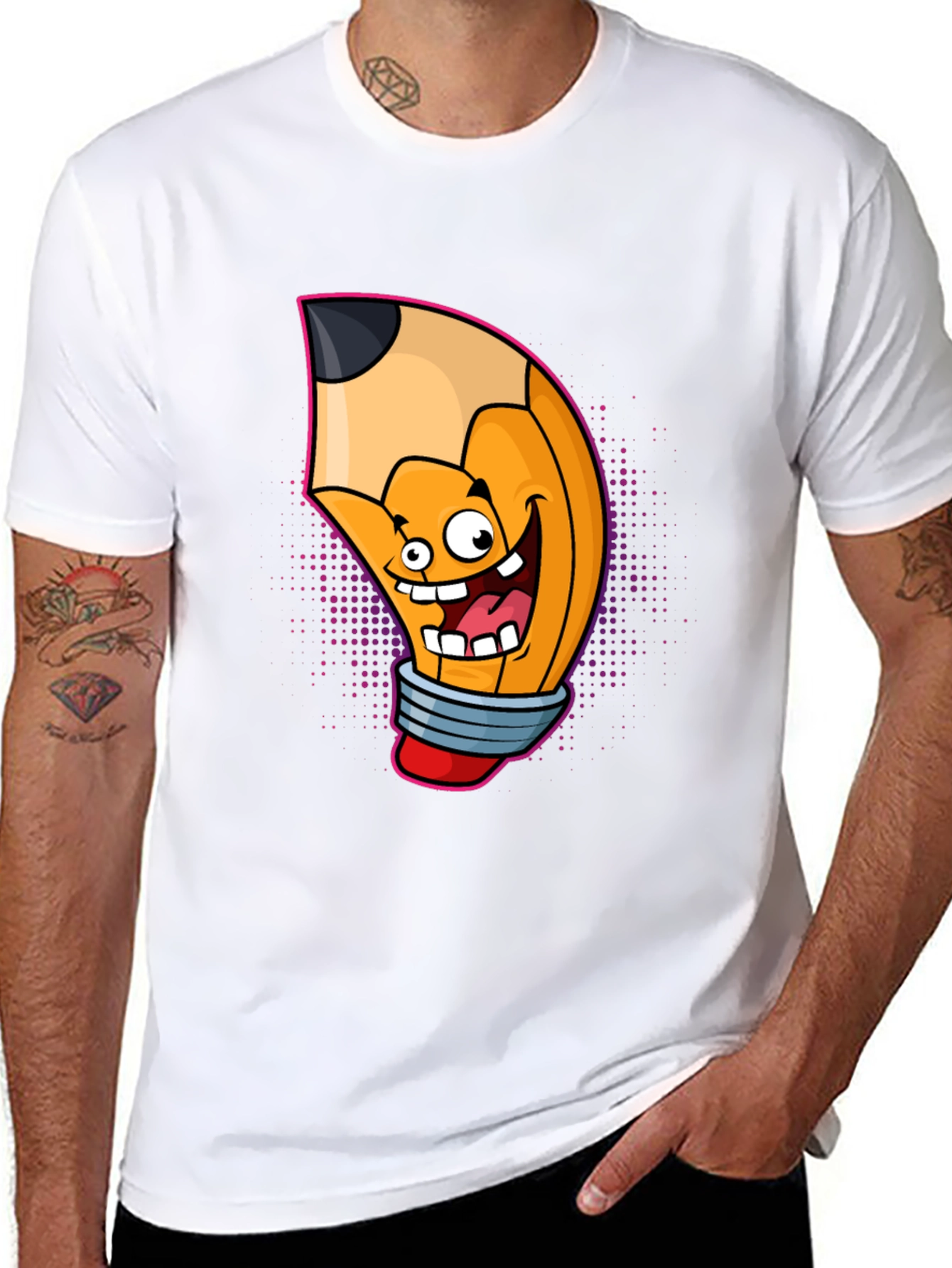 Cartoon Pencil Graphic Tee - Black Cotton T-Shirt