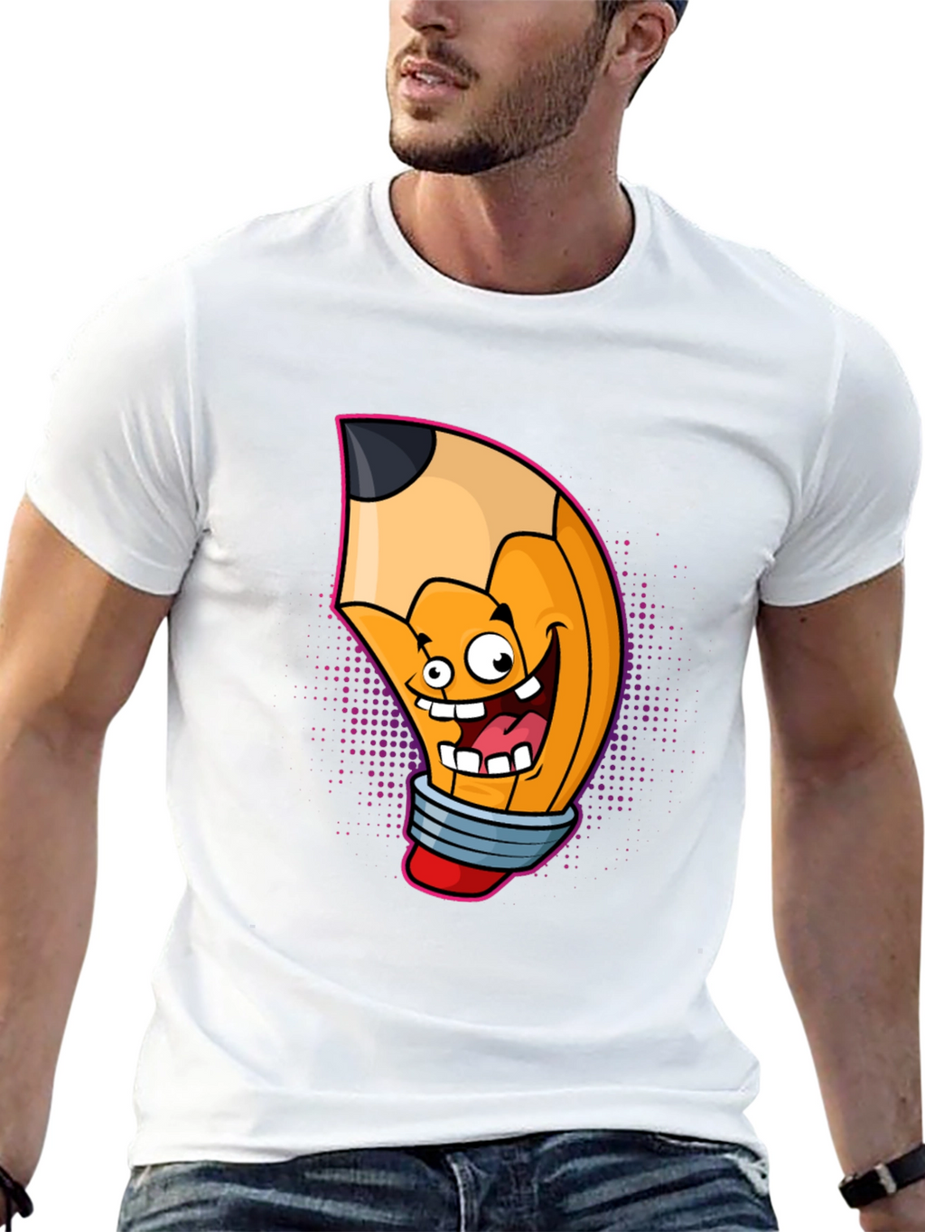Cartoon Pencil Graphic Tee - Black Cotton T-Shirt