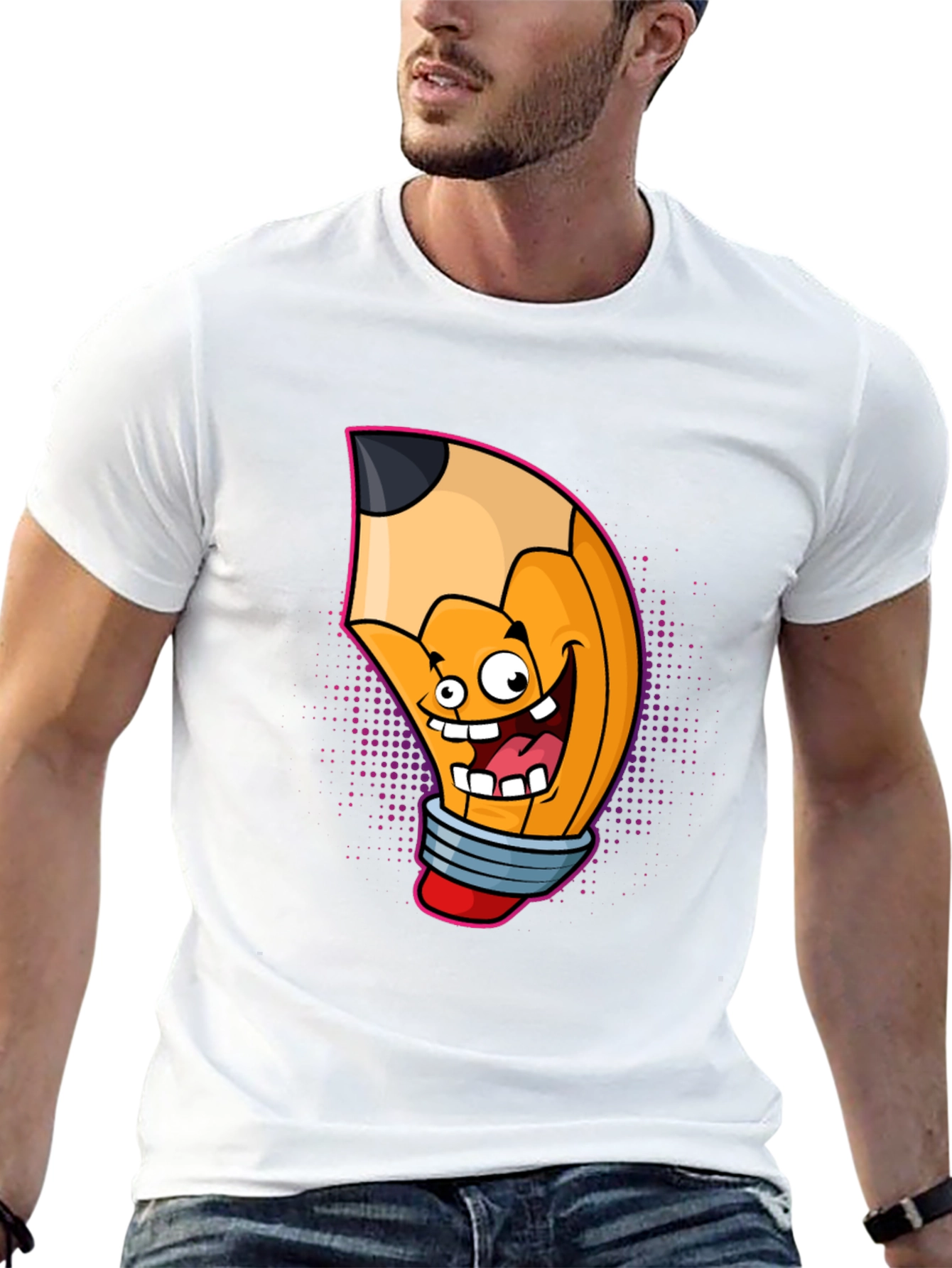 Cartoon Pencil Graphic Tee - Black Cotton T-Shirt
