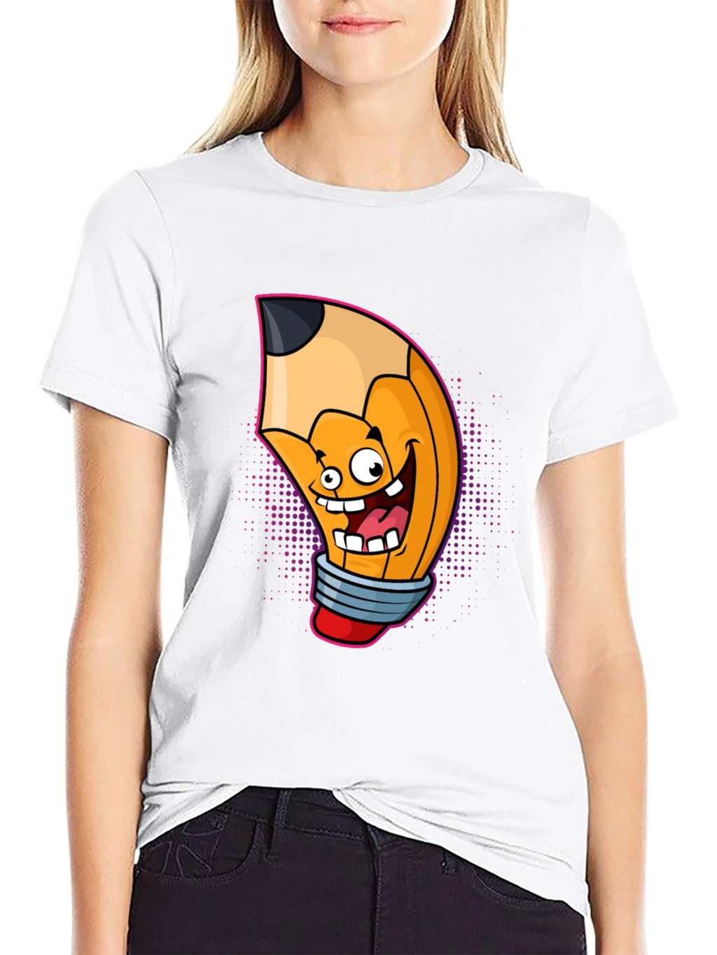 Cartoon Pencil Graphic Tee - Black Cotton T-Shirt