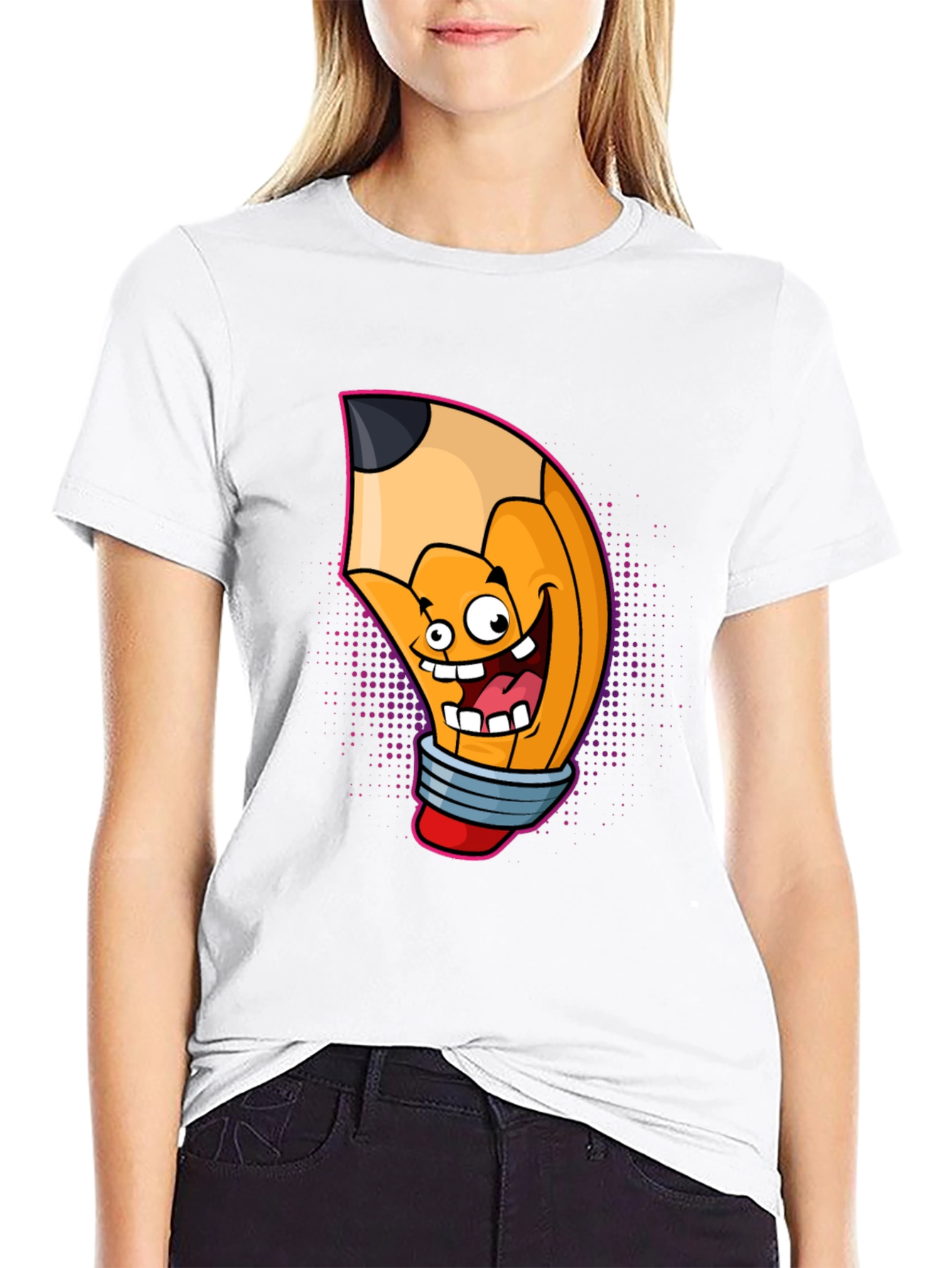 Cartoon Pencil Graphic Tee - Black Cotton T-Shirt