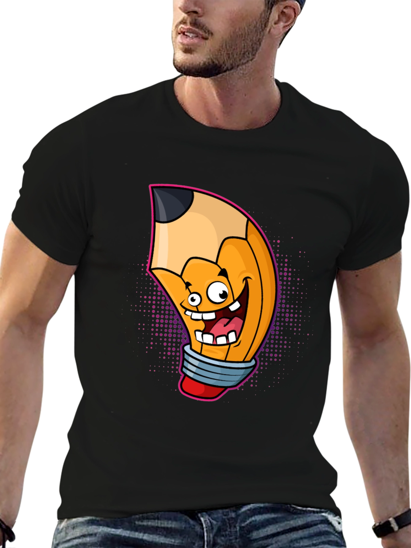 Cartoon Pencil Graphic Tee - Black Cotton T-Shirt