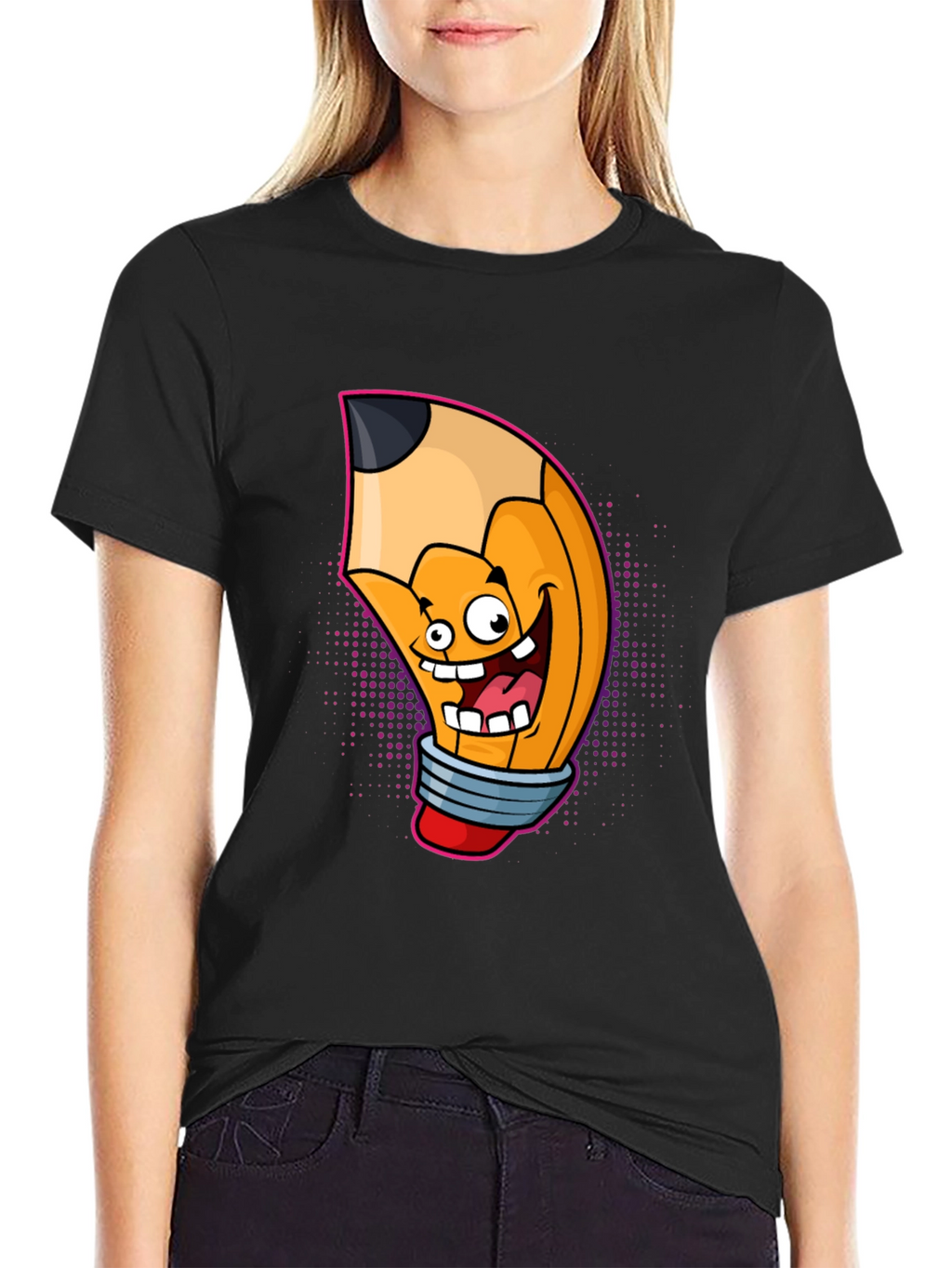Cartoon Pencil Graphic Tee - Black Cotton T-Shirt