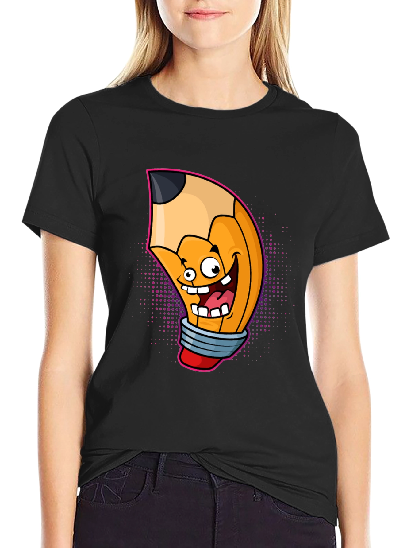 Cartoon Pencil Graphic Tee - Black Cotton T-Shirt