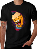 Cartoon Pencil Graphic Tee - Black Cotton T-Shirt