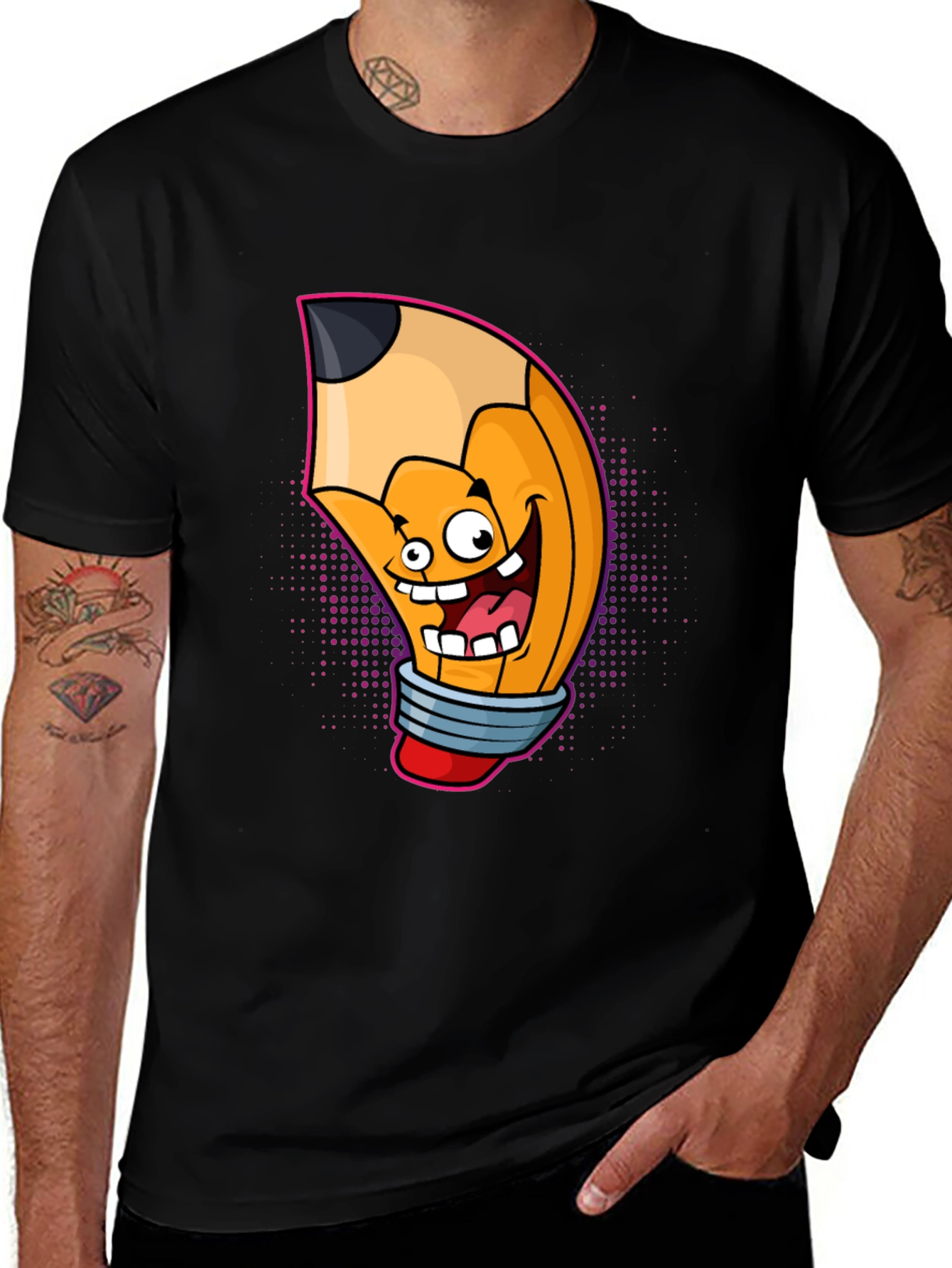 Cartoon Pencil Graphic Tee - Black Cotton T-Shirt