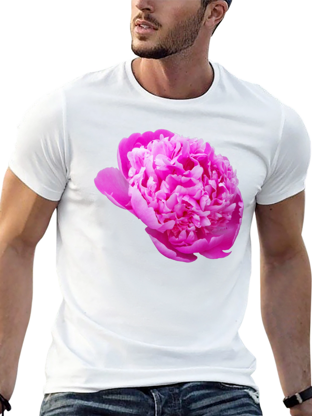 Black Tee with Pink Peony Flower Print