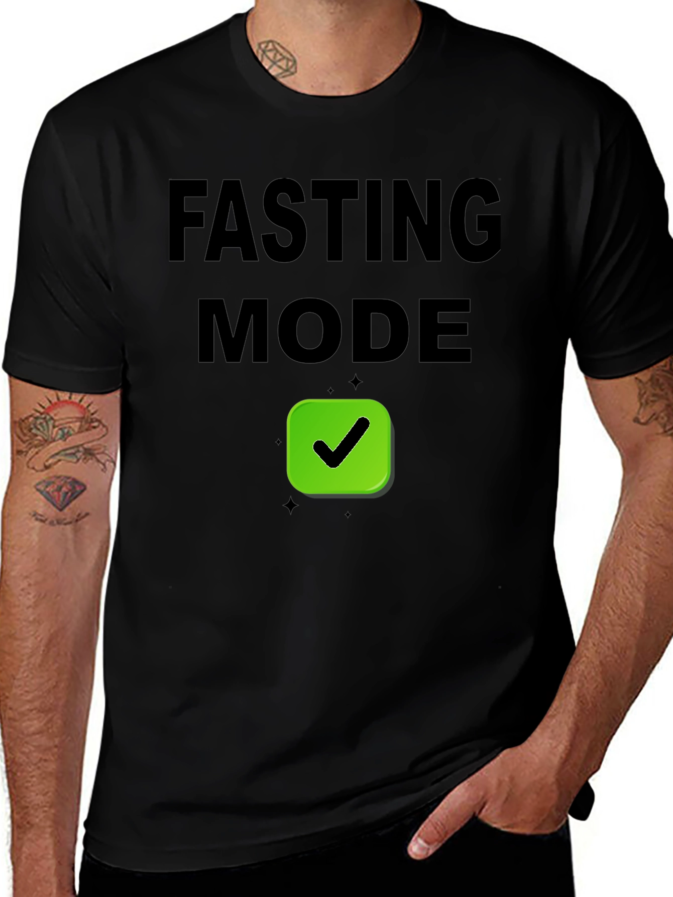 Fasting Mode T-Shirt - Black Tee with Green Checkmark