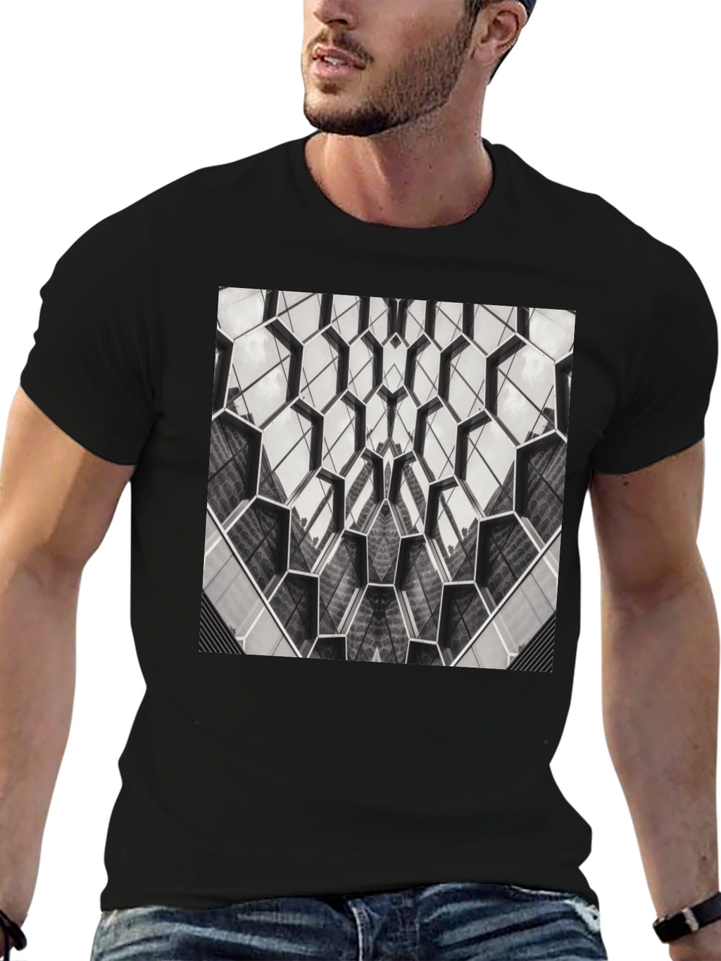 Geometric Hexagon Pattern Black T-Shirt