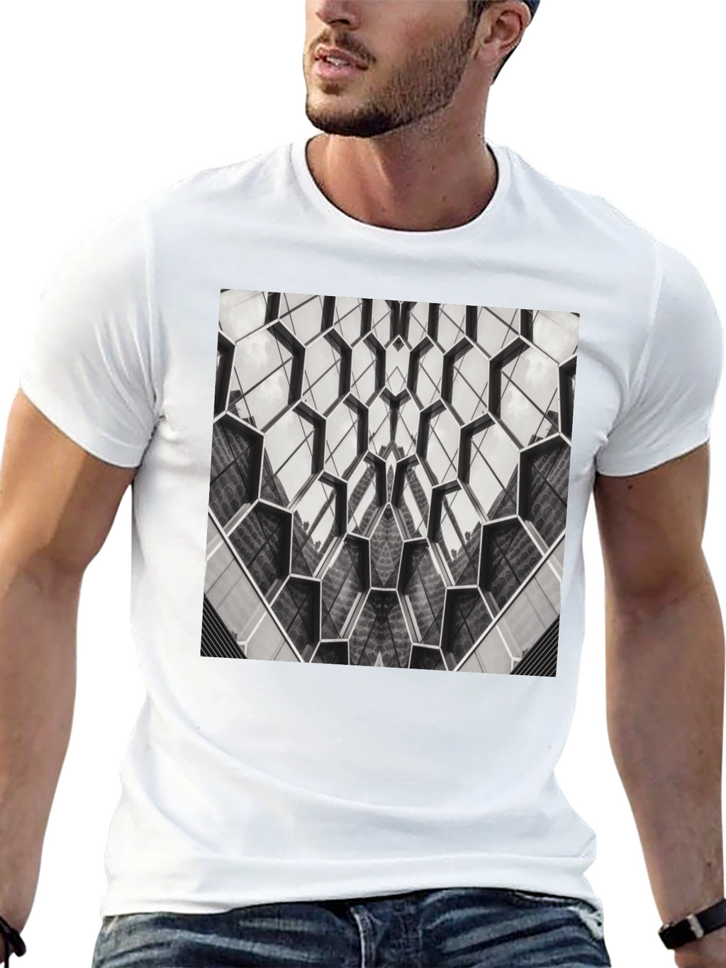 Geometric Hexagon Pattern Black T-Shirt