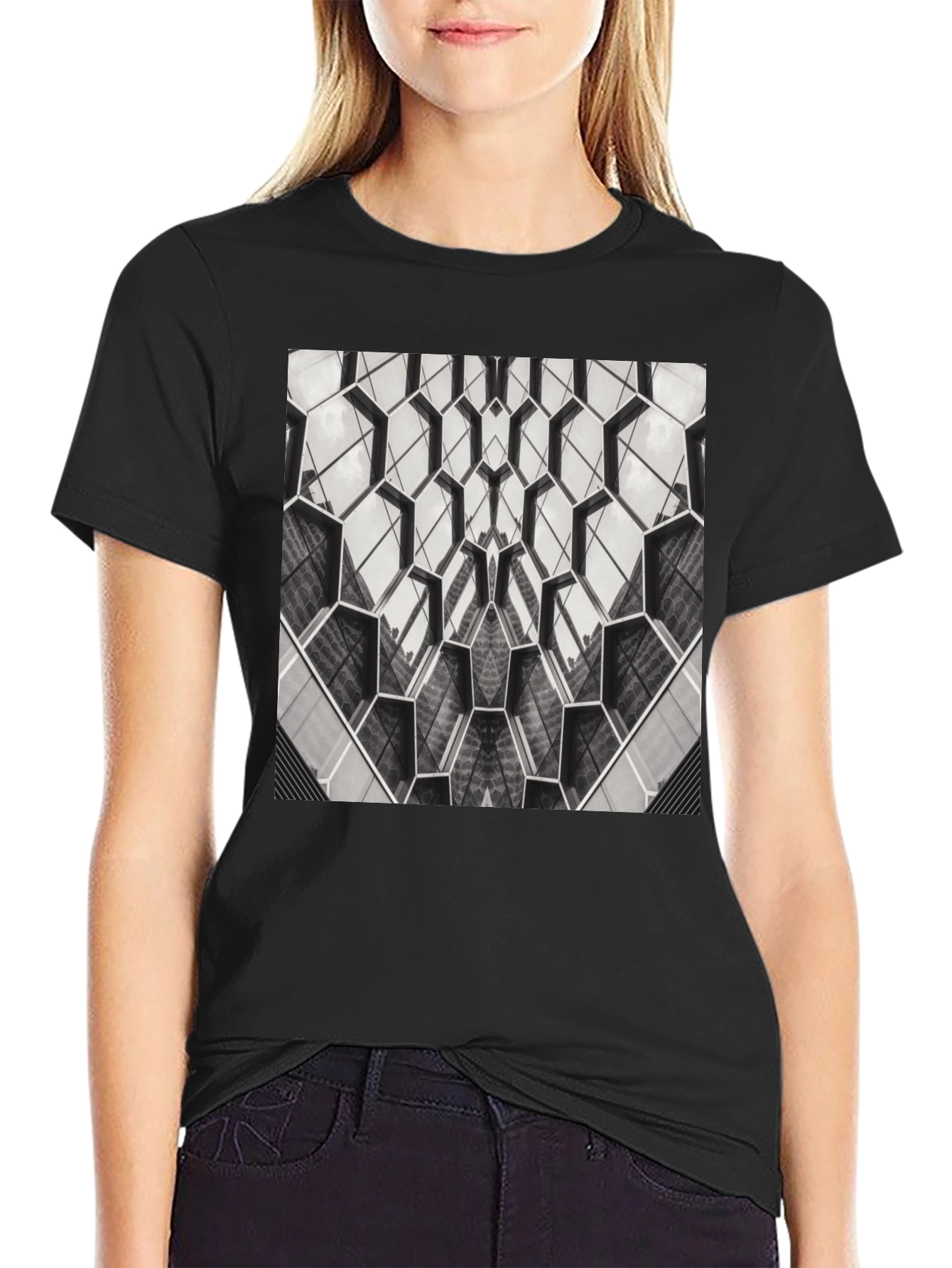 Geometric Hexagon Pattern Black T-Shirt