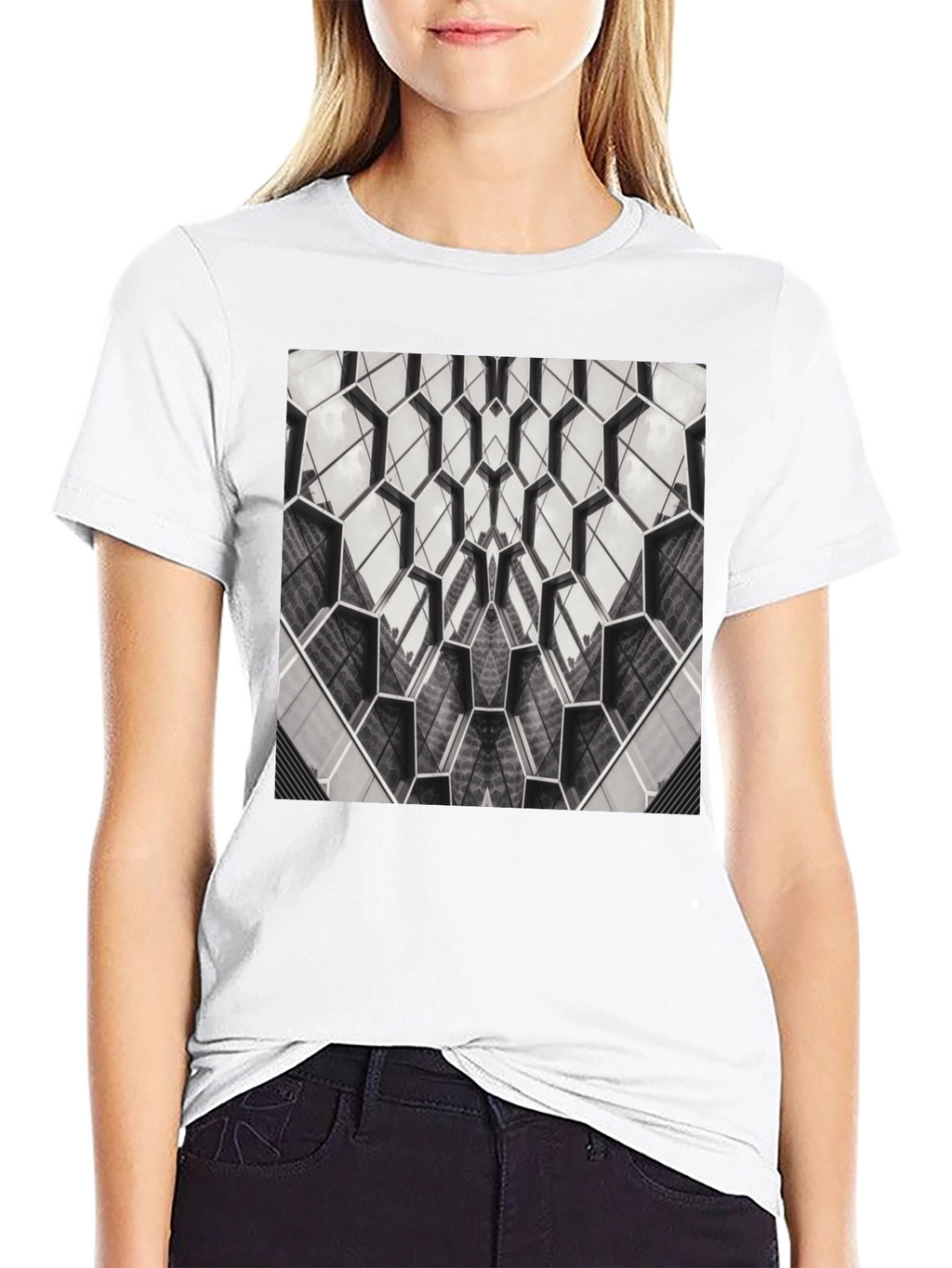 Geometric Hexagon Pattern Black T-Shirt