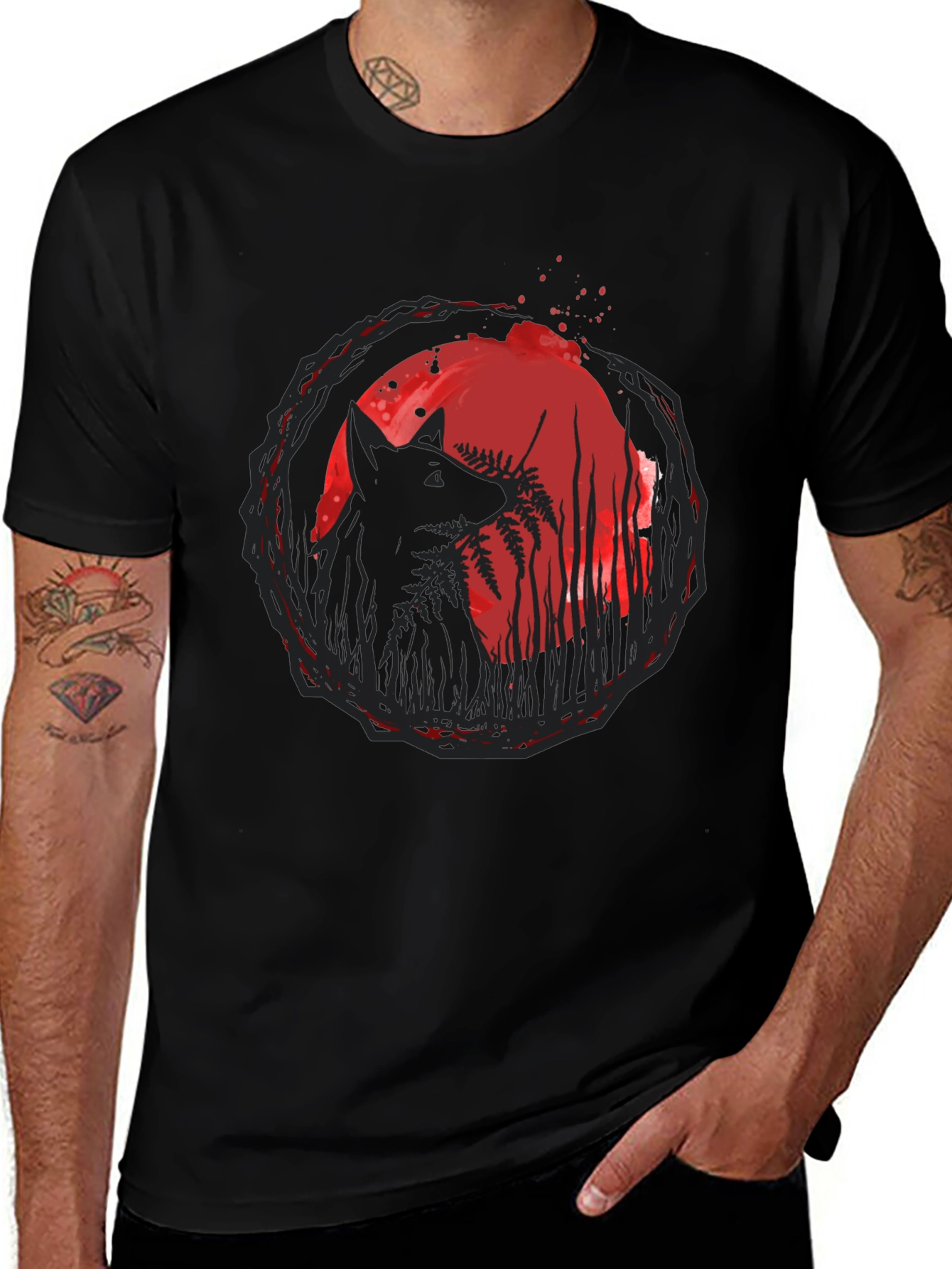 Wolf & Moon Graphic Tee - Trendy Black T-Shirt