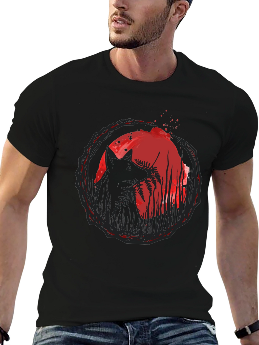 Wolf & Moon Graphic Tee - Trendy Black T-Shirt