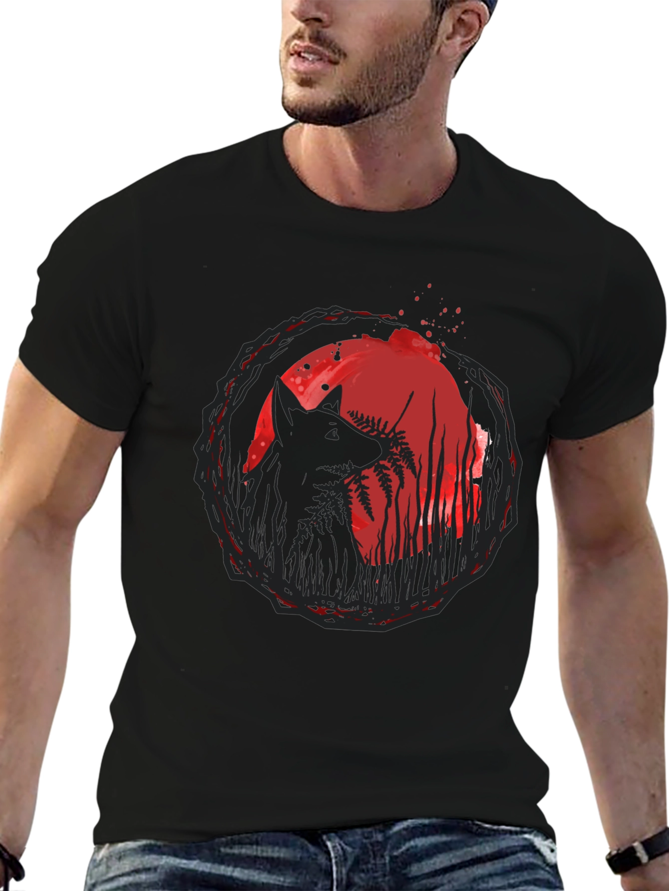 Wolf & Moon Graphic Tee - Trendy Black T-Shirt