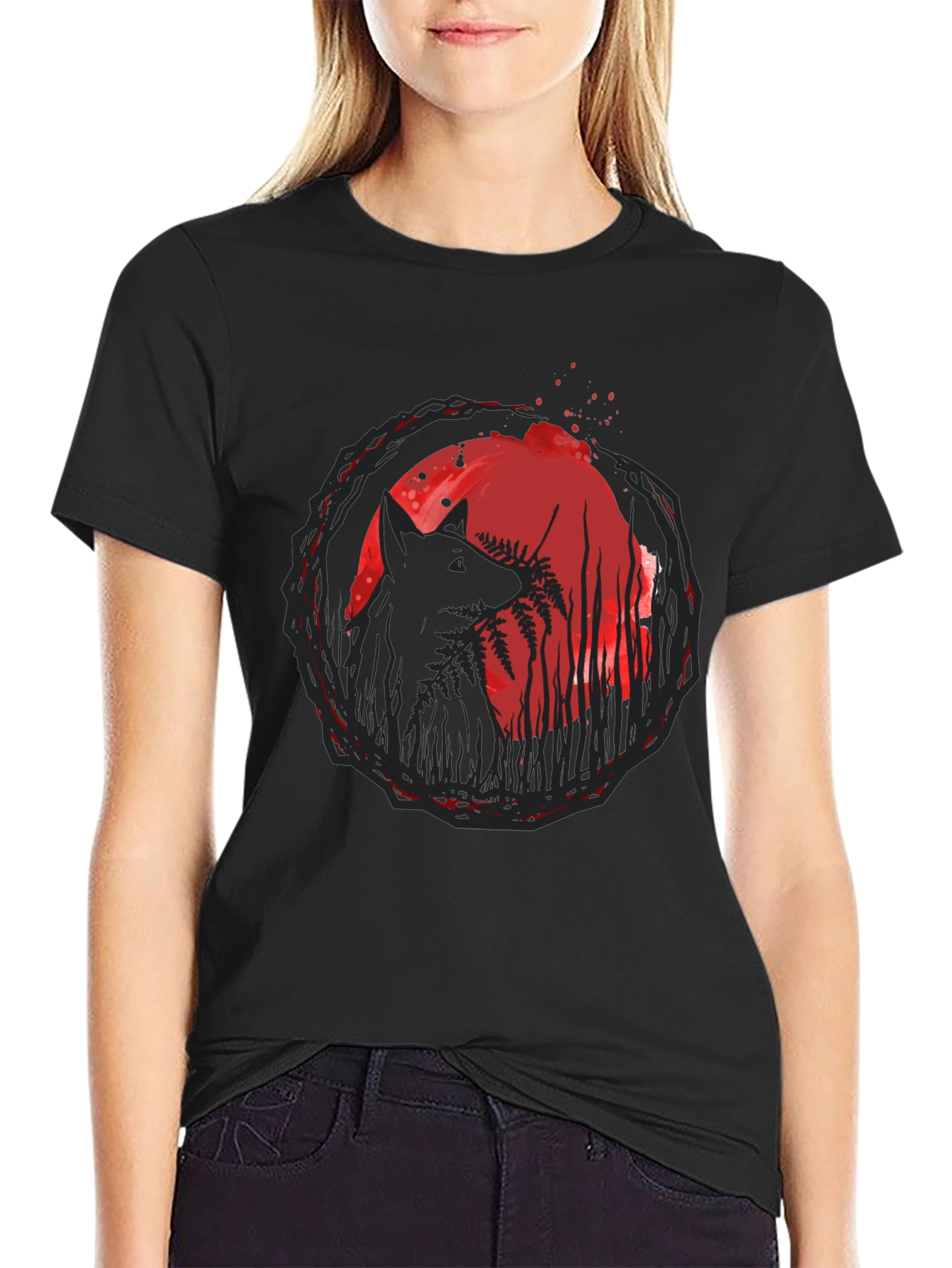 Wolf & Moon Graphic Tee - Trendy Black T-Shirt