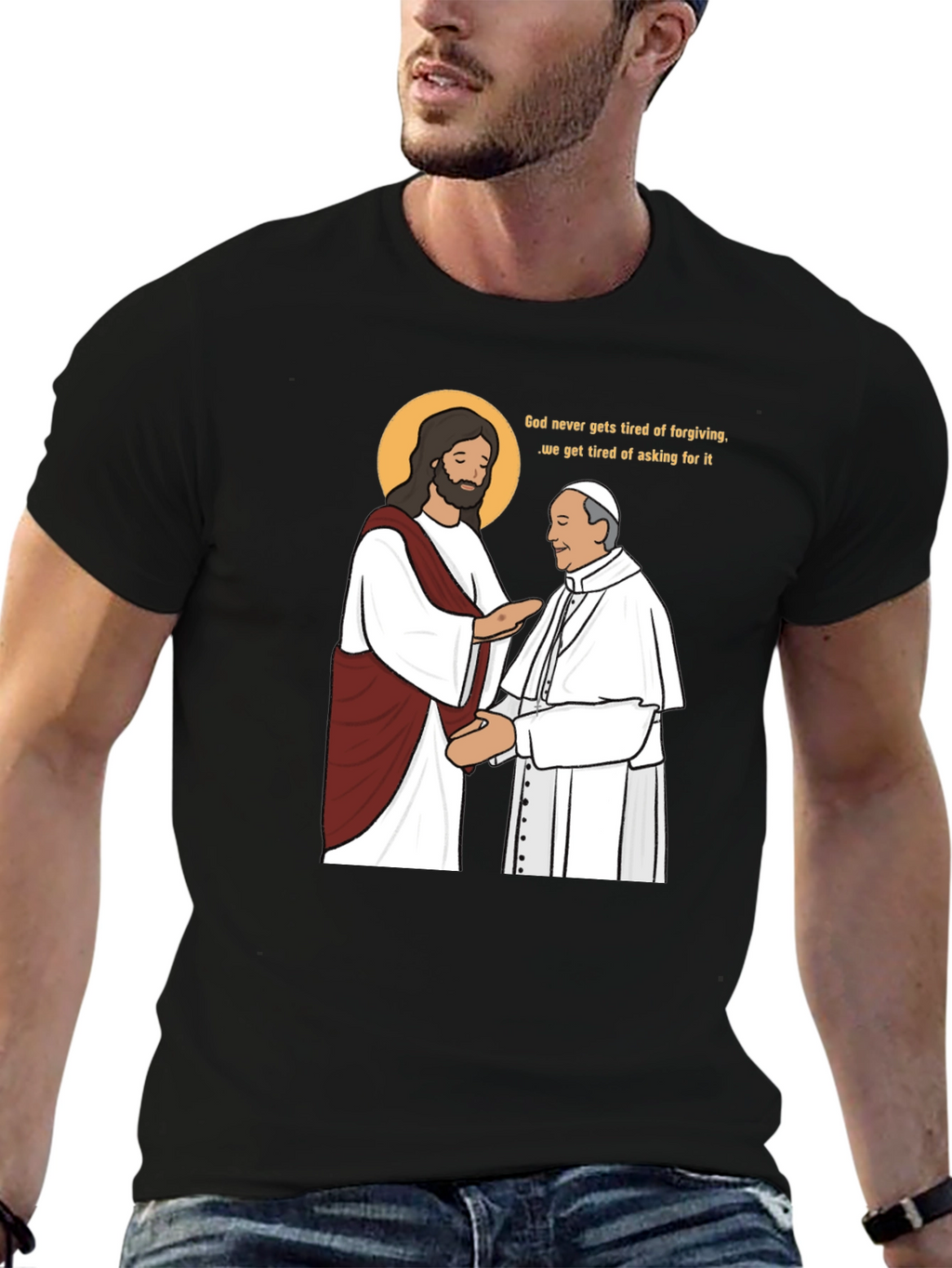 Jesus and Pope Graphic T-Shirt - Black
