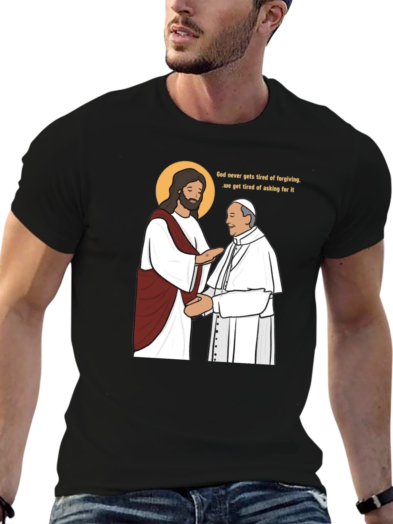Jesus and Pope Graphic T-Shirt - Black