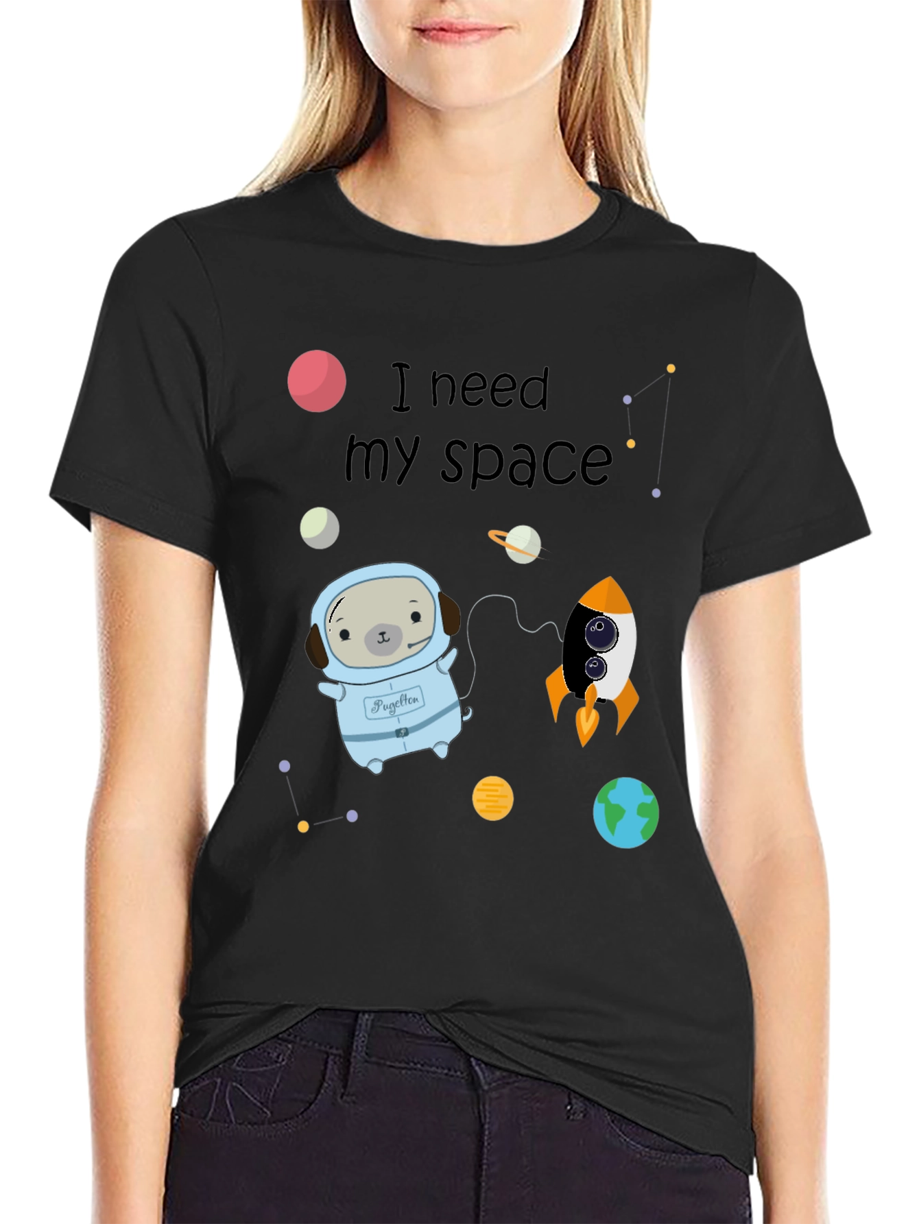 I Need My Space Pug Black T-Shirt
