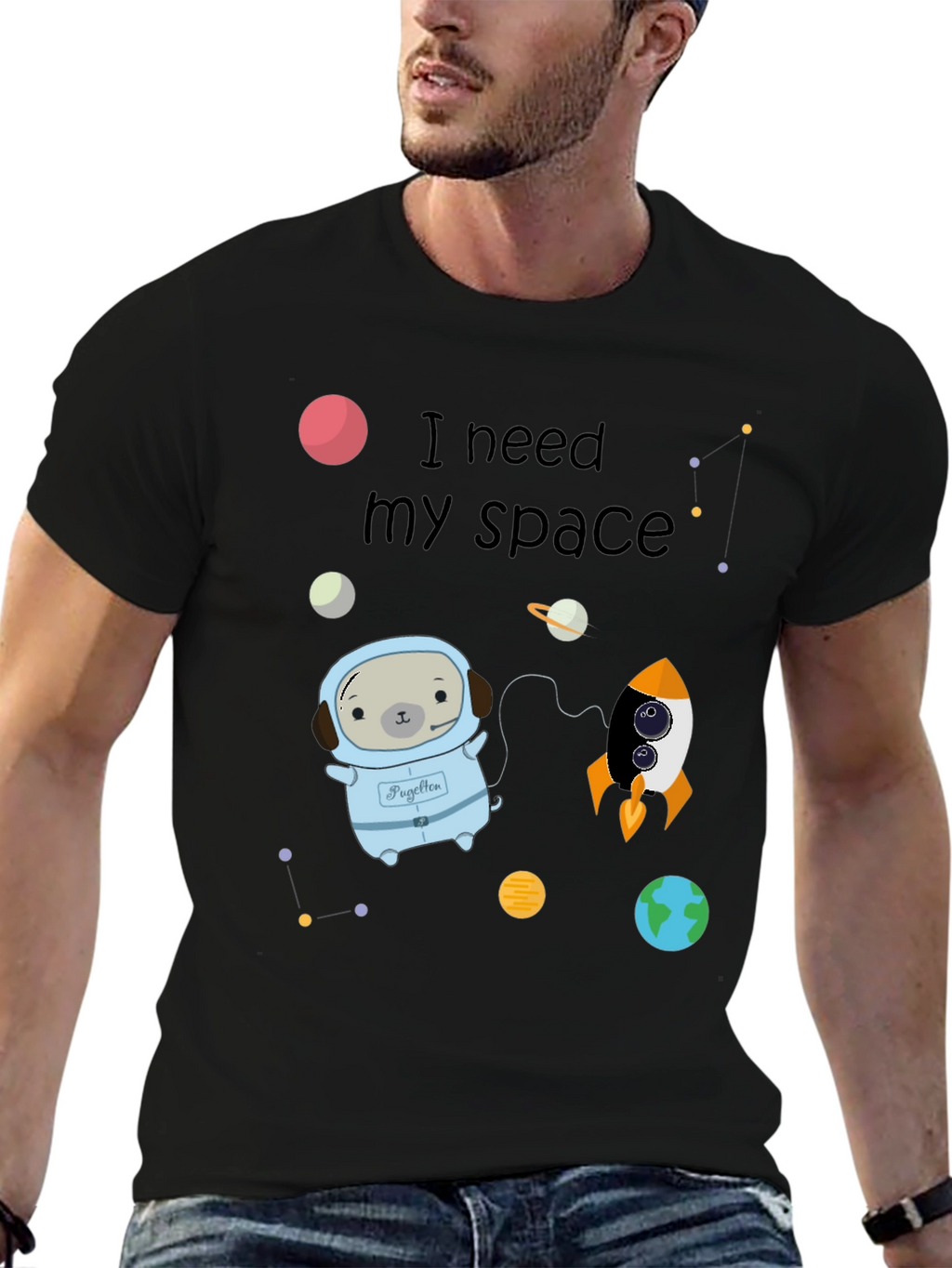 I Need My Space Pug Black T-Shirt