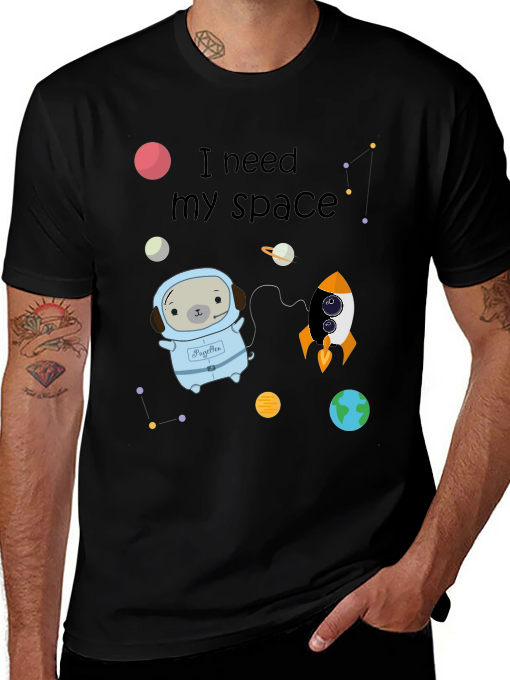 I Need My Space Pug Black T-Shirt