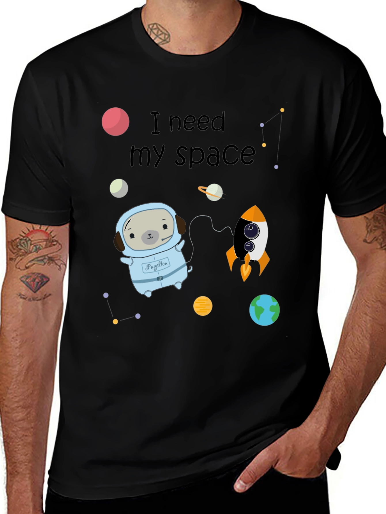 I Need My Space Pug Black T-Shirt