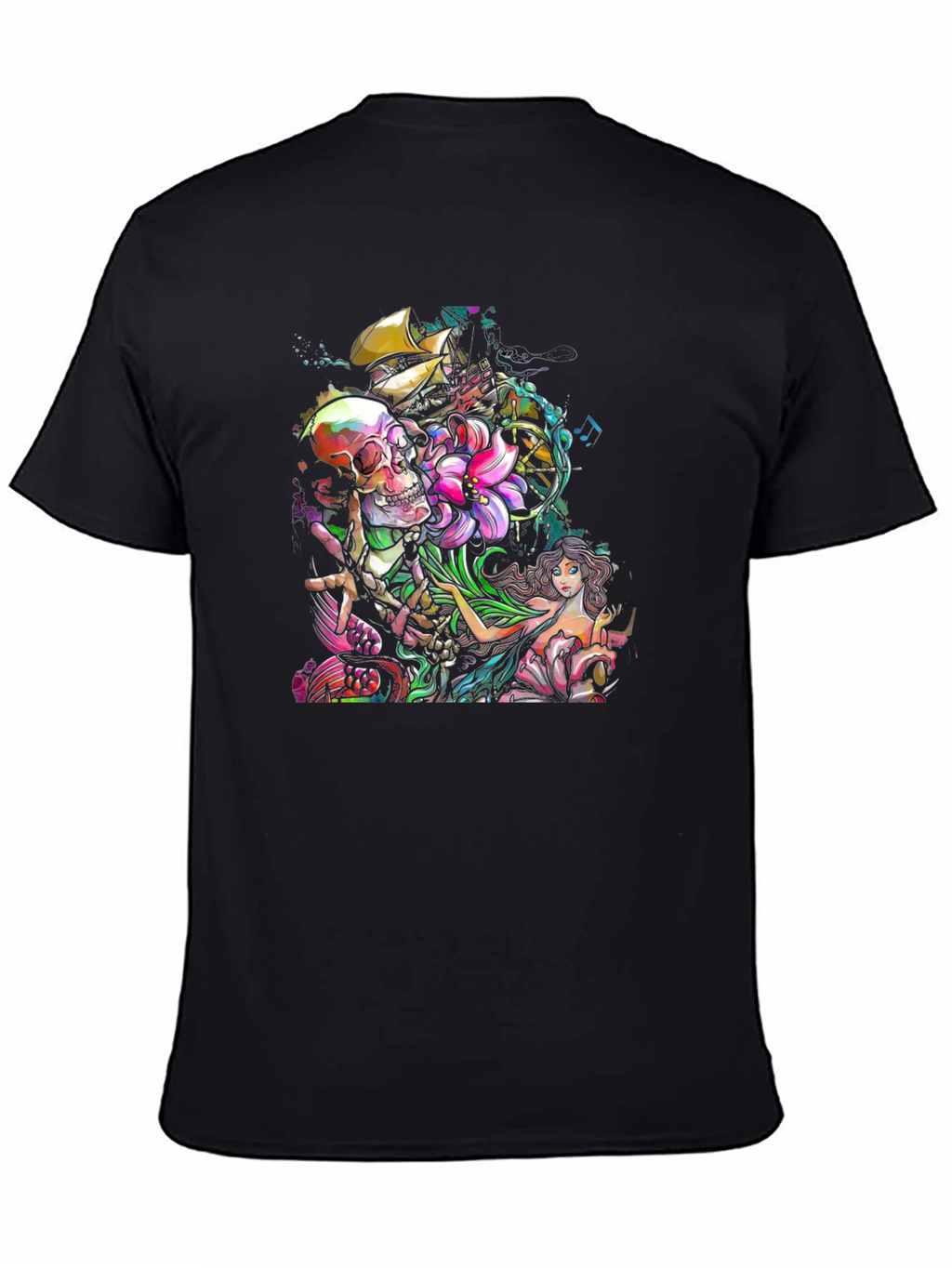 Skull Mermaid Ship Graphic Print Black T-Shirt