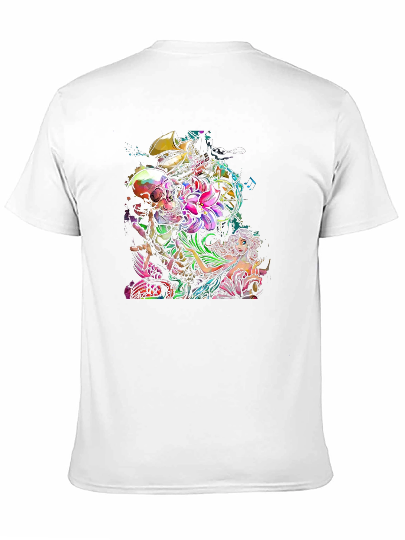 Skull Mermaid Ship Graphic Print Black T-Shirt