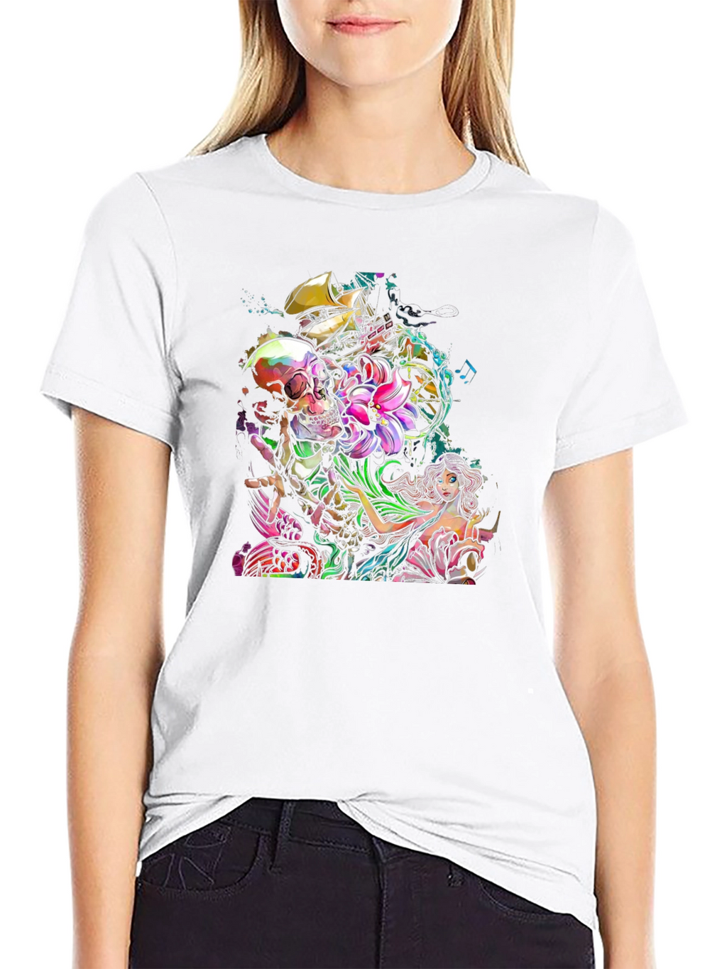 Skull Mermaid Ship Graphic Print Black T-Shirt