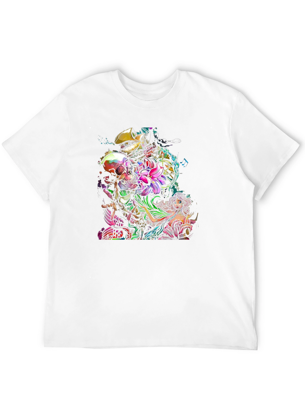 Skull Mermaid Ship Graphic Print Black T-Shirt