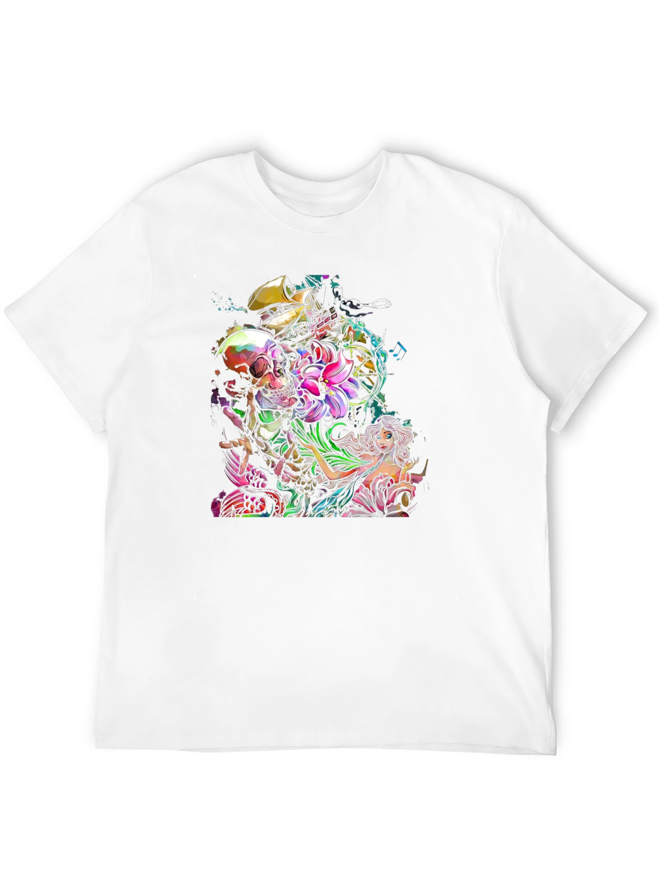 Skull Mermaid Ship Graphic Print Black T-Shirt