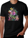 Skull Mermaid Ship Graphic Print Black T-Shirt