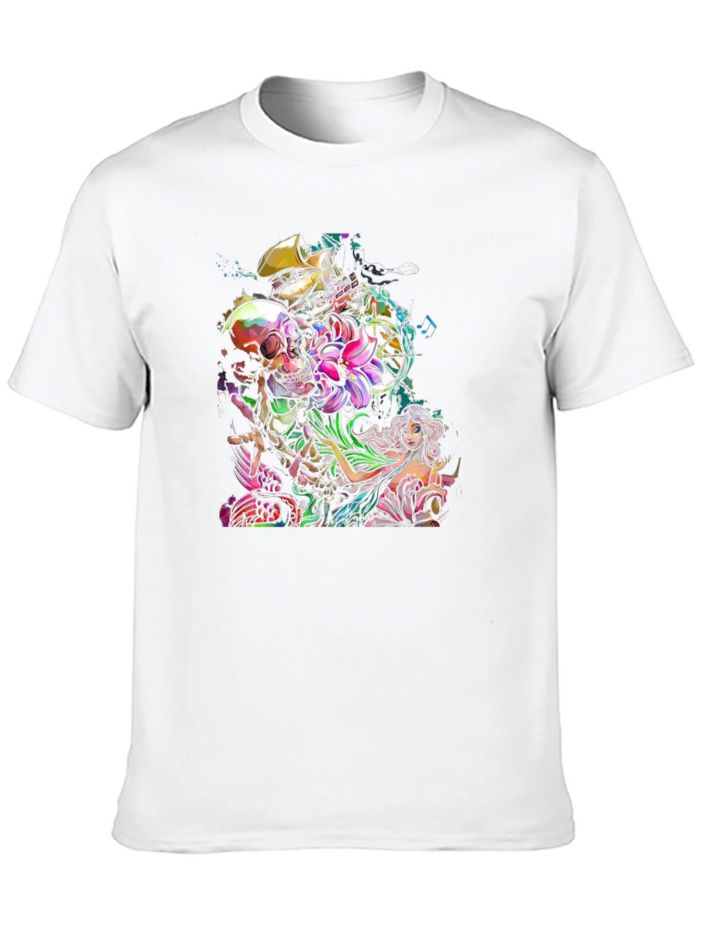 Skull Mermaid Ship Graphic Print Black T-Shirt