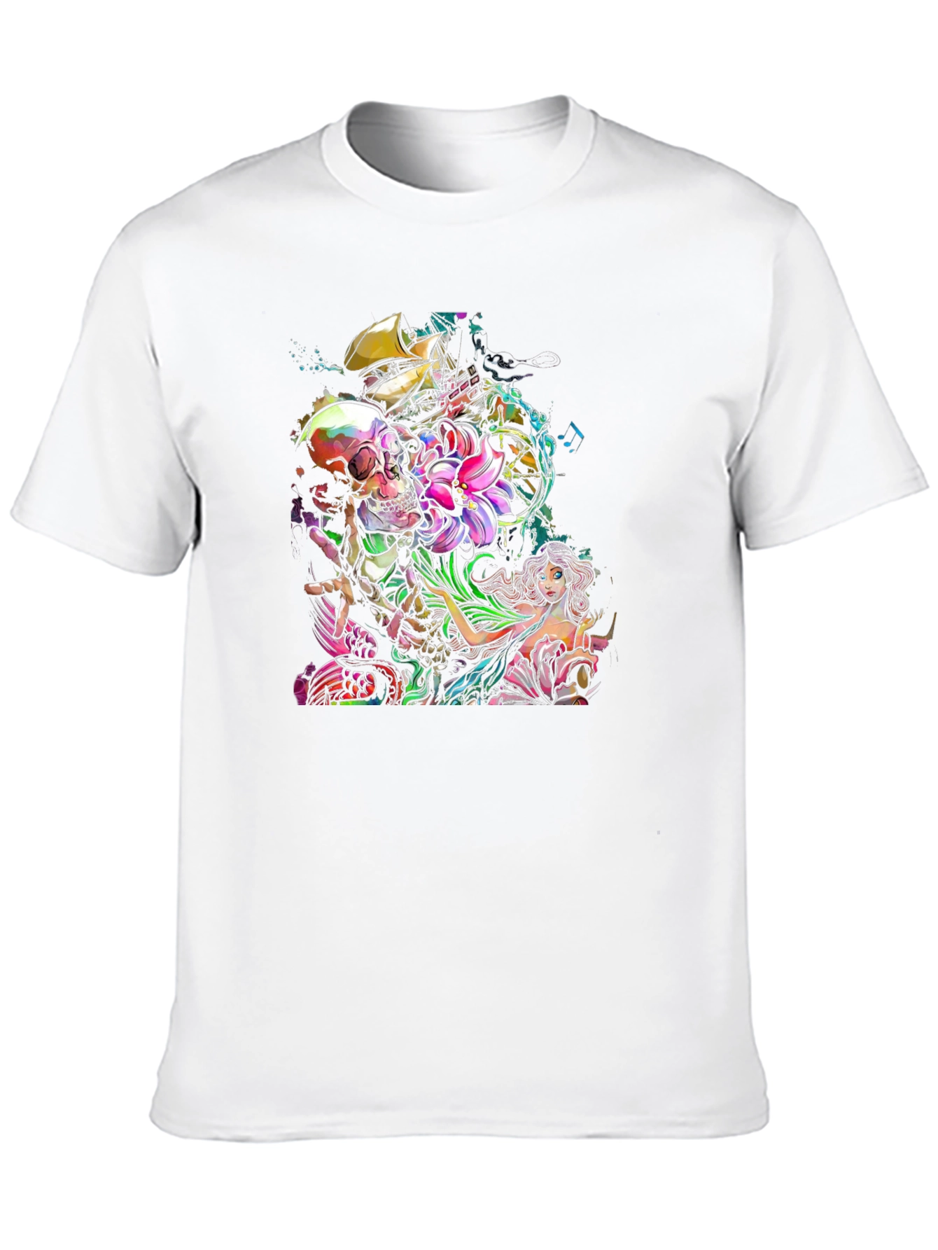Skull Mermaid Ship Graphic Print Black T-Shirt