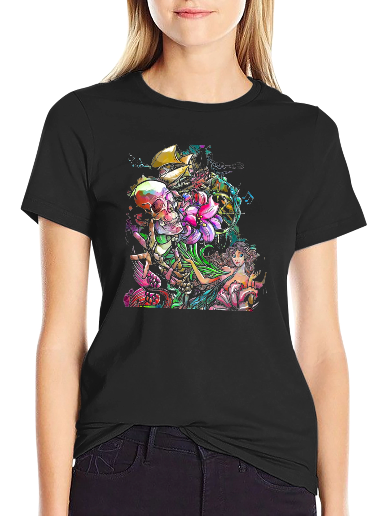 Skull Mermaid Ship Graphic Print Black T-Shirt