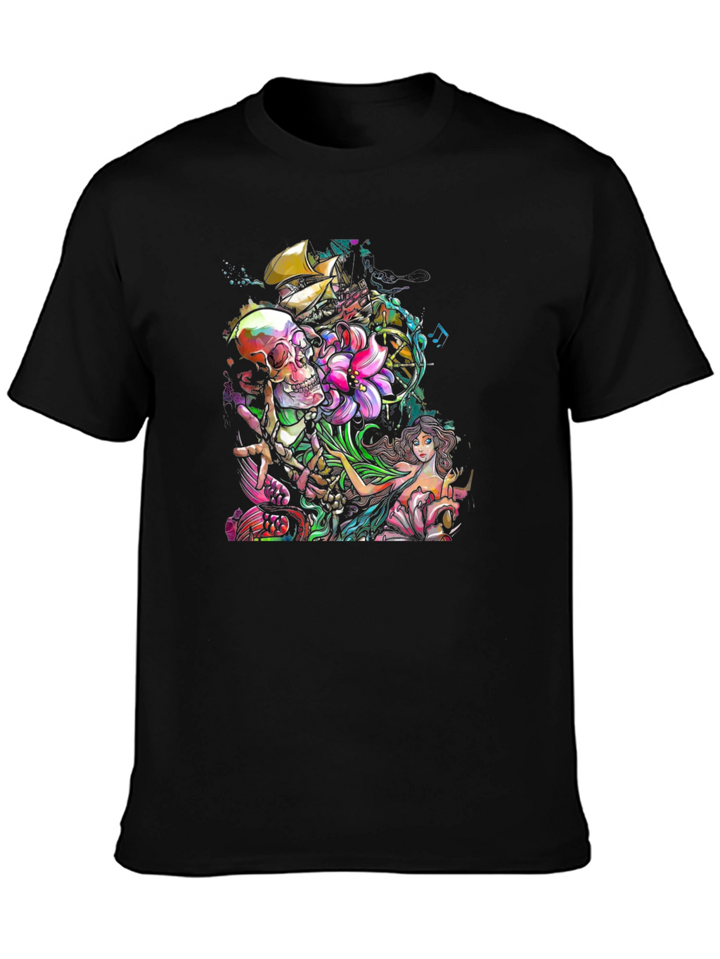 Skull Mermaid Ship Graphic Print Black T-Shirt