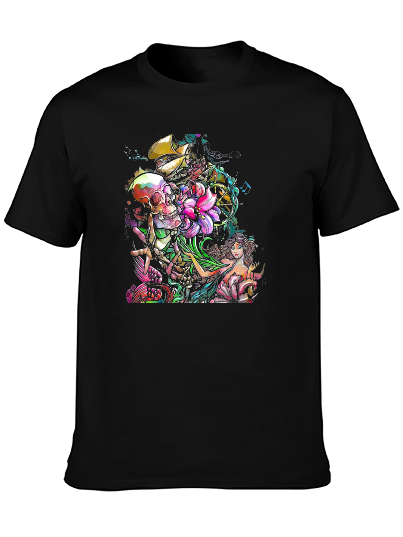 Skull Mermaid Ship Graphic Print Black T-Shirt