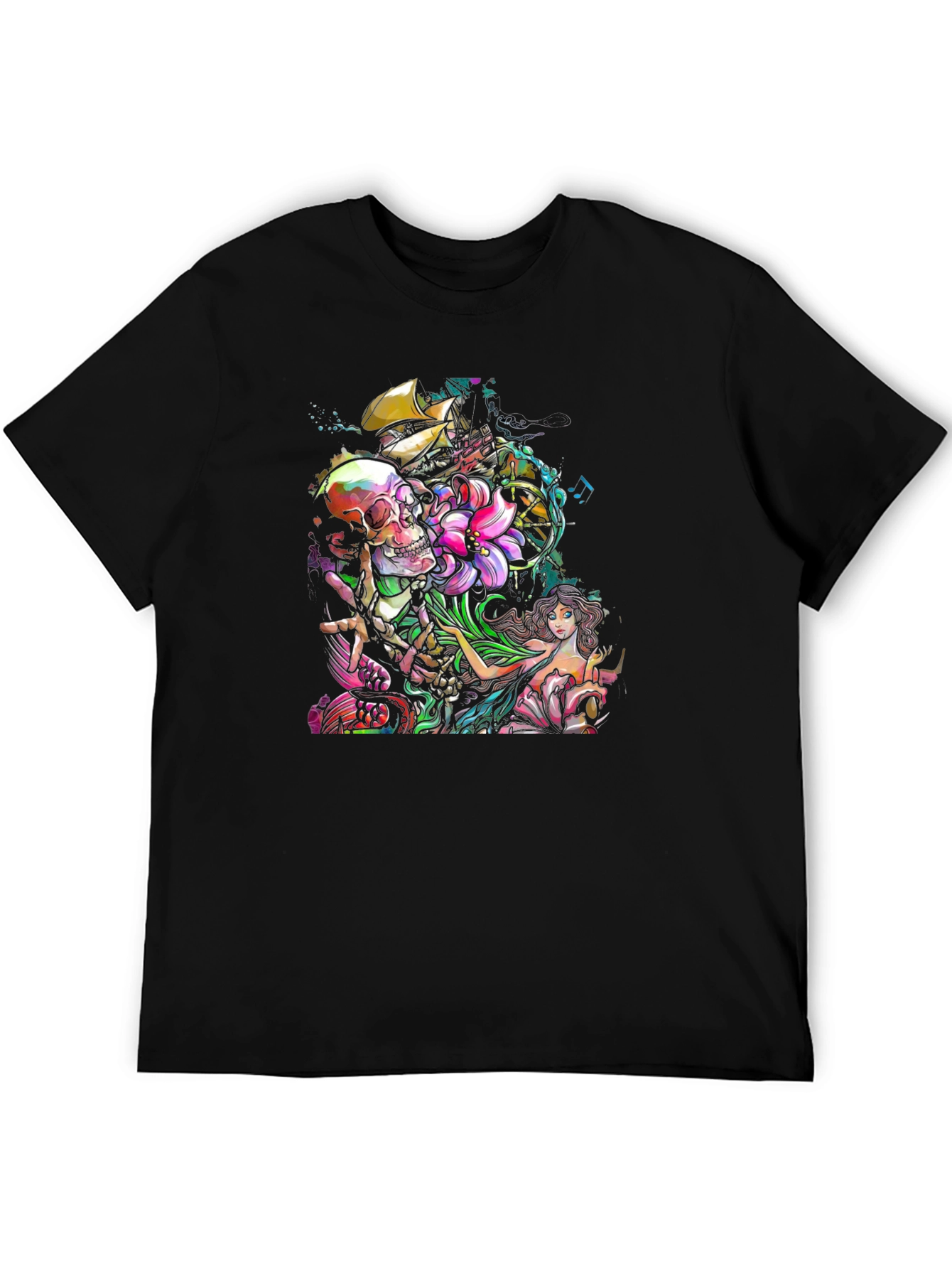 Skull Mermaid Ship Graphic Print Black T-Shirt