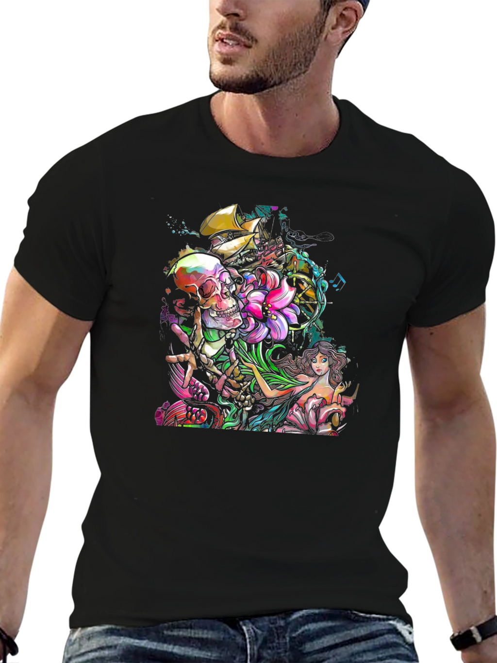 Skull Mermaid Ship Graphic Print Black T-Shirt
